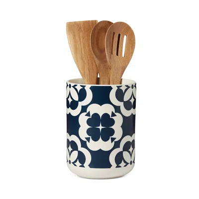 Kate Spade New York Elegant Geo Utensil Crock With Wood Utensils Set In Navy