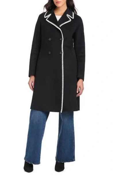 Kate Spade New York Embroidered Double Breasted Top Coat In Black