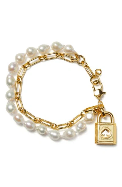 Kate Spade Gold-tone Freshwater Pearl (10mm) Padlocked Double-row Flex Bracelet In Cream Multi