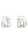 Kate Spade New York Keep Sparkling Imitation Pearl Double Huggie Hoop Earrings In Clear/silver.