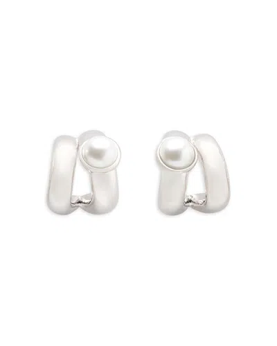 Kate Spade New York Keep Sparkling Imitation Pearl Double Huggie Hoop Earrings In Clear/silver.