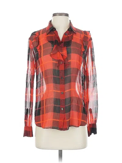 Pre-owned Kate Spade New York Long Sleeve Silk Top Red Plaid Pattern Square Neckline Tops