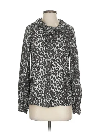 Pre-owned Kate Spade New York Long Sleeve Silk Top Silver Animal Print Pattern Tie Neck Tops