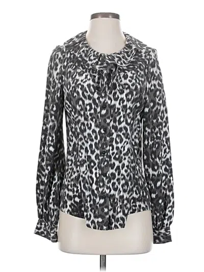 Pre-owned Kate Spade New York Long Sleeve Silk Top Silver Animal Print Pattern Tie Neck Tops
