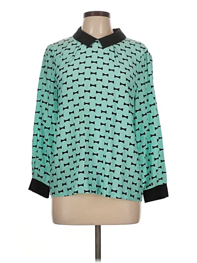 Pre-owned Kate Spade New York Long Sleeve Silk Top Teal Collared Neckline Tops In Blue