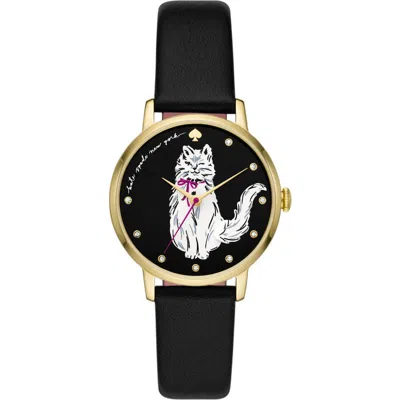 Kate Spade New York Metro Floral Dial Leather Strap Watch, 34mm In Black