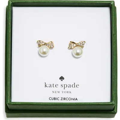 Kate Spade New York Pavé Bow Imitation Pearl Stud Earrings In Gold