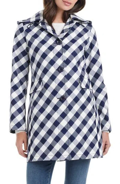 Kate Spade New York Water Resistant Gingham Print Hooded Rain Coat In Navy/white Gingham