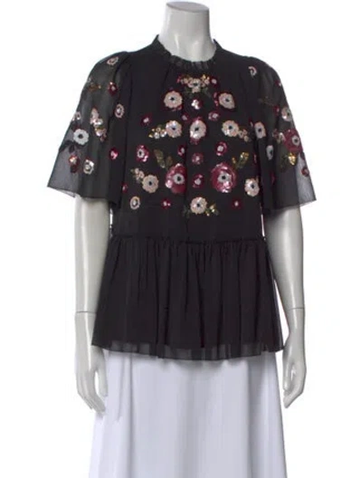 Pre-owned Kate Spade New York X The Madison Ave. Collection Floral Print Short Sleeve Blouse In Black