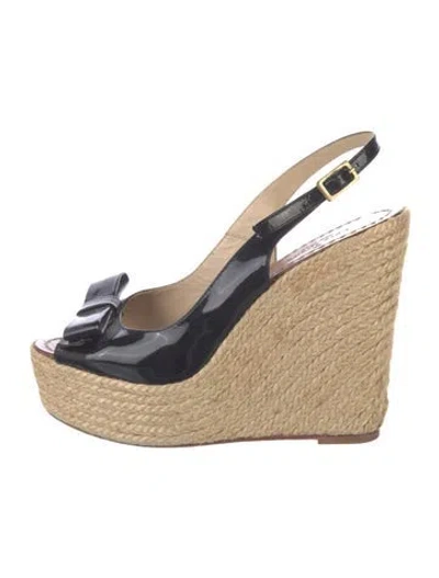Pre-owned Kate Spade Patent Leather Bow Accents Espadrilles In Black