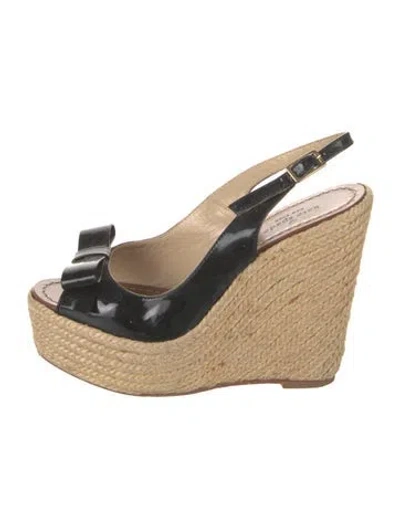 Pre-owned Kate Spade Patent Leather Bow Accents Espadrilles In Black