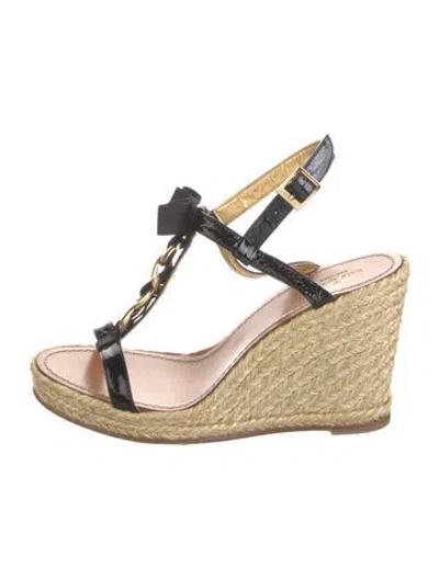 Pre-owned Kate Spade Patent Leather Chain-link Accents Espadrilles In Black