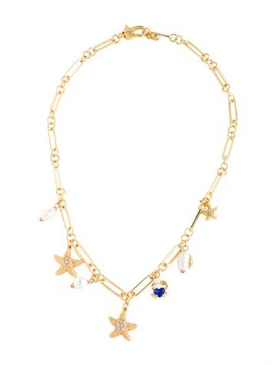 Pre-owned Kate Spade Pearl, Faux Pearl, Cubic Zirconia & Glass Sea Star Charm Station Pendant Necklace, 16.5" In Blue/clear/white