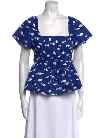 Pre-owned Kate Spade Polka Dot Print Square Neckline Blouse W/ Tags In Blue