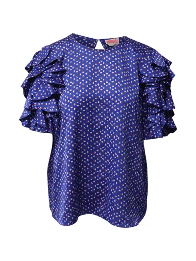 Pre-owned Kate Spade Puff-sleeve Printed Blouse In Blue