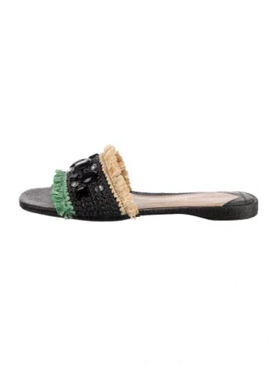 Pre-owned Kate Spade Raffia Printed Slides In Black