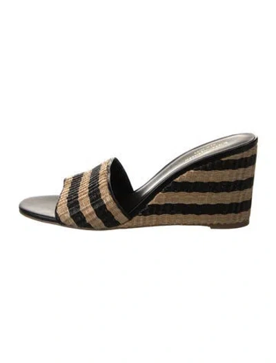 Pre-owned Kate Spade Raffia Striped Slides In Black