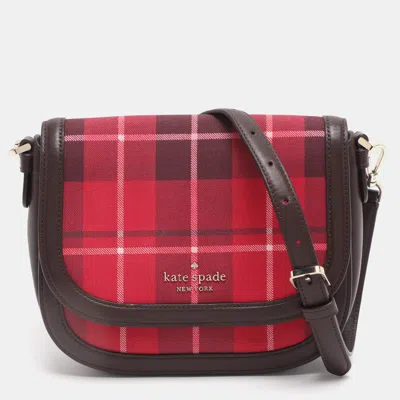Pre-owned Kate Spade Red/brown Canvas And Leather Blake Plaid Crossbody Bag