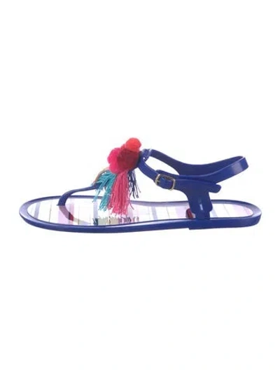 Pre-owned Kate Spade Rubber Pom-pom Embellishments T-strap Sandals In Blue