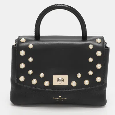 Pre-owned Kate Spade Shonna Serrano Place Black Leather Pearl Embellished Top Handle Bag