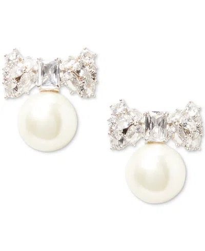 Kate Spade Silver-tone Cubic Zirconia Bow & Imitation Pearl Statement Stud Earrings In Clear,silv