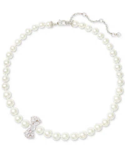 Kate Spade Silver-tone Cubic Zirconia Bow Imitation Pearl Strand Necklace, 17" + 3" Extender In Clear,silv