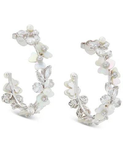 Kate Spade Silver-tone Medium Cubic Zirconia, Imitation Pearl & Mother-of-pearl Flower C-hoop Earrings, 1.63" In Cream,silv