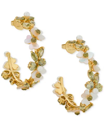 Kate Spade Silver-tone Medium Cubic Zirconia, Imitation Pearl & Mother-of-pearl Flower C-hoop Earrings, 1.63" In Green.
