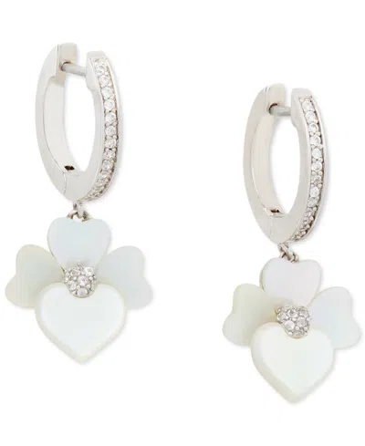 Kate Spade Silver-tone Pave & Mother-of-pearl Flower Charm Hoop Earrings In Cream,silv