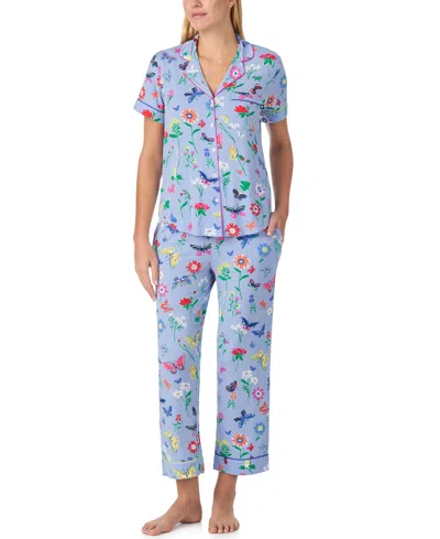 Kate Spade Sleepwear Short Sleeve Modal Jersey Notch Collar Cropped Pj Set In Blue