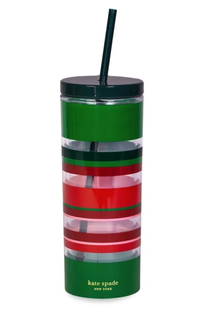 Kate Spade Stripe Tumbler With Straw In Green/ Red Multi