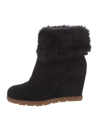 Pre-owned Kate Spade Suede Faux Fur Trim Boots In Black
