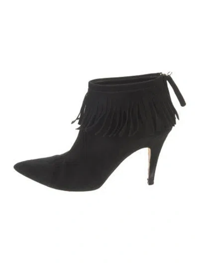 Pre-owned Kate Spade Suede Fringe Trim Accent Boots In Black