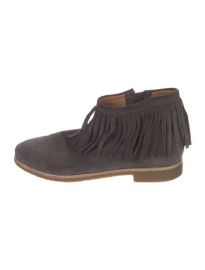 Pre-owned Kate Spade Suede Fringe Trim Accent Boots In Grey