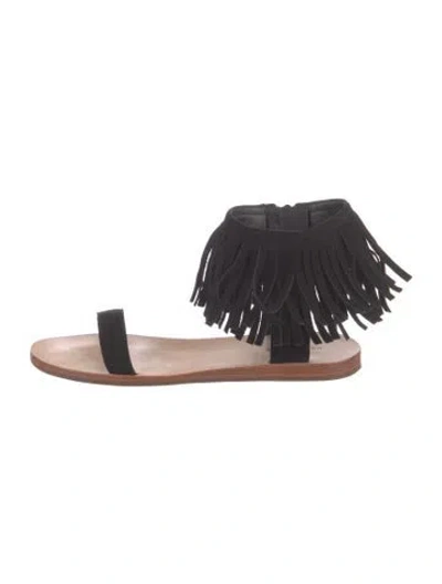 Pre-owned Kate Spade Suede Fringe Trim Accent Slingback Sandals In Black