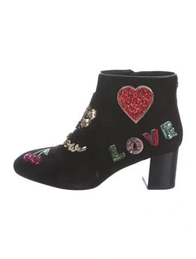 Pre-owned Kate Spade Suede Graphic Print Boots In Black