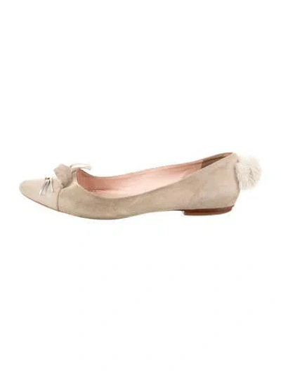 Pre-owned Kate Spade Suede Pom-pom Embellishments Ballet Flats In Grey