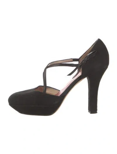 Pre-owned Kate Spade Suede T-strap Pumps In Black