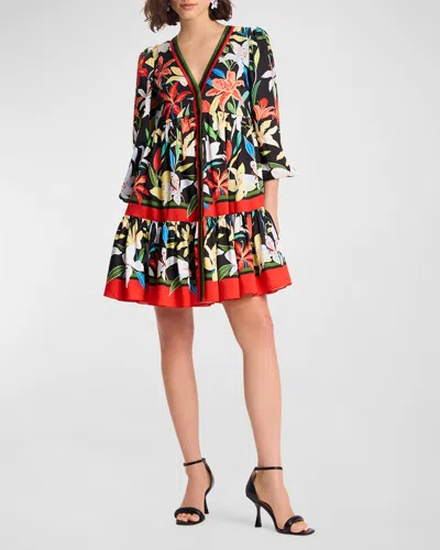 Kate Spade Summer Lilies Tiered Blouson-sleeve Mini Dress In Multi