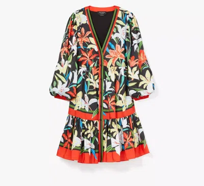 Kate Spade Summer Lilies Tiered Blouson-sleeve Mini Dress In Neutral