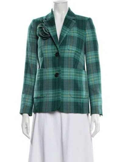 Pre-owned Kate Spade Virgin Wool Plaid Print Blazer In Green