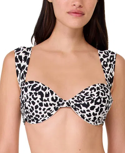 Kate Spade Women's Animal-print Shirred Bikini Top In Black