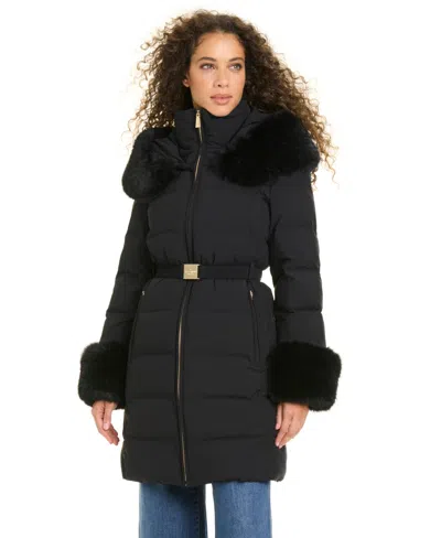 Kate Spade Women's Faux-fur Arm Cuff Hooded Puffer Coat In Black