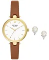 KATE SPADE WOMEN'S HOLLAND THREE-HAND BROWN LEATHER WATCH 34MM GIFT SET