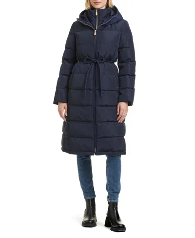Kate Spade Women's Hooded Maxi Down Coat With Self Tie In Midnight Navy