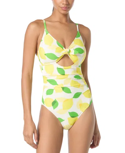 Kate Spade Women's Lemon-print Tie-front Shirred One-piece Swimsuit, Exclusively At Macy's