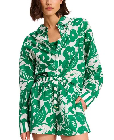 Kate Spade Womens Printed Cotton Button Front Shirt Printed High Rise Cotton Drawstring Shorts In Forest Green