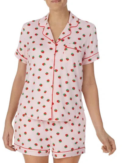 Kate Spade New York Scattered Strawberries Short Sleeve Pyjama Set In Pink Ground Berries