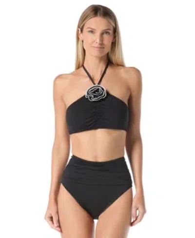 Kate Spade Womens Rosette High Neck Bra Top Ruched High Waist Bikini Bottoms In White