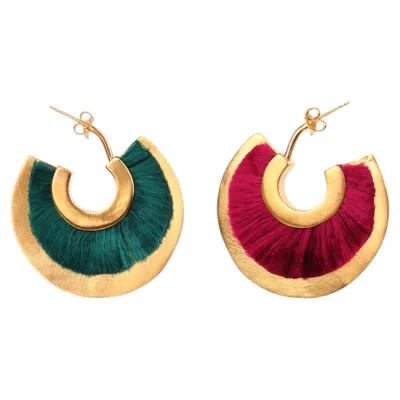 Pre-owned Katerina Makriyianni Double Face Silky Hoops In Dark Teal & Raspberry By  In Green